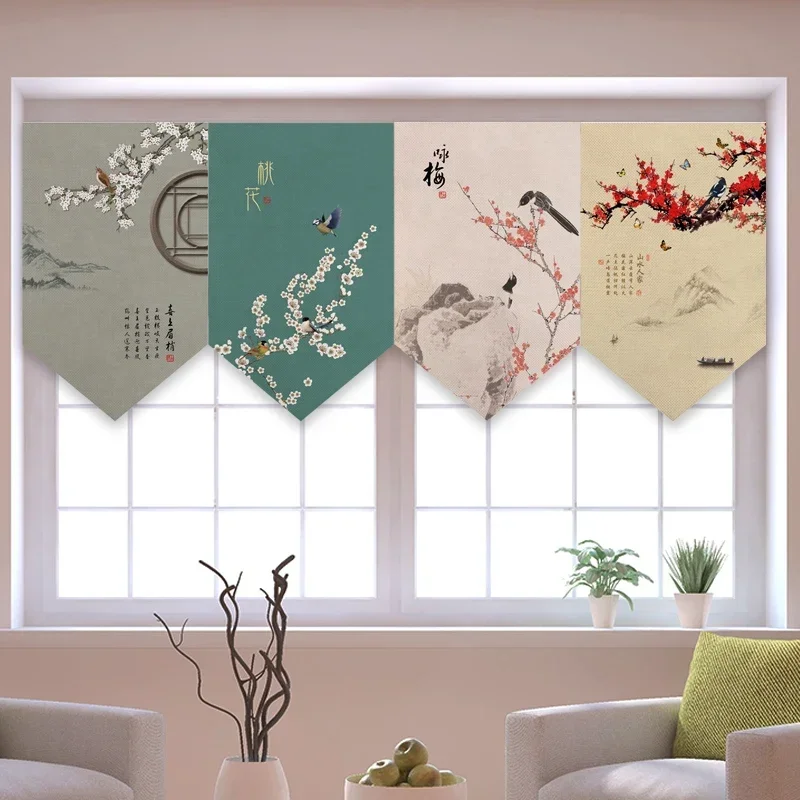 Chinese Flower and Bird Triangle Short Curtain Kitchen Household Shade Curtain Window Decoration