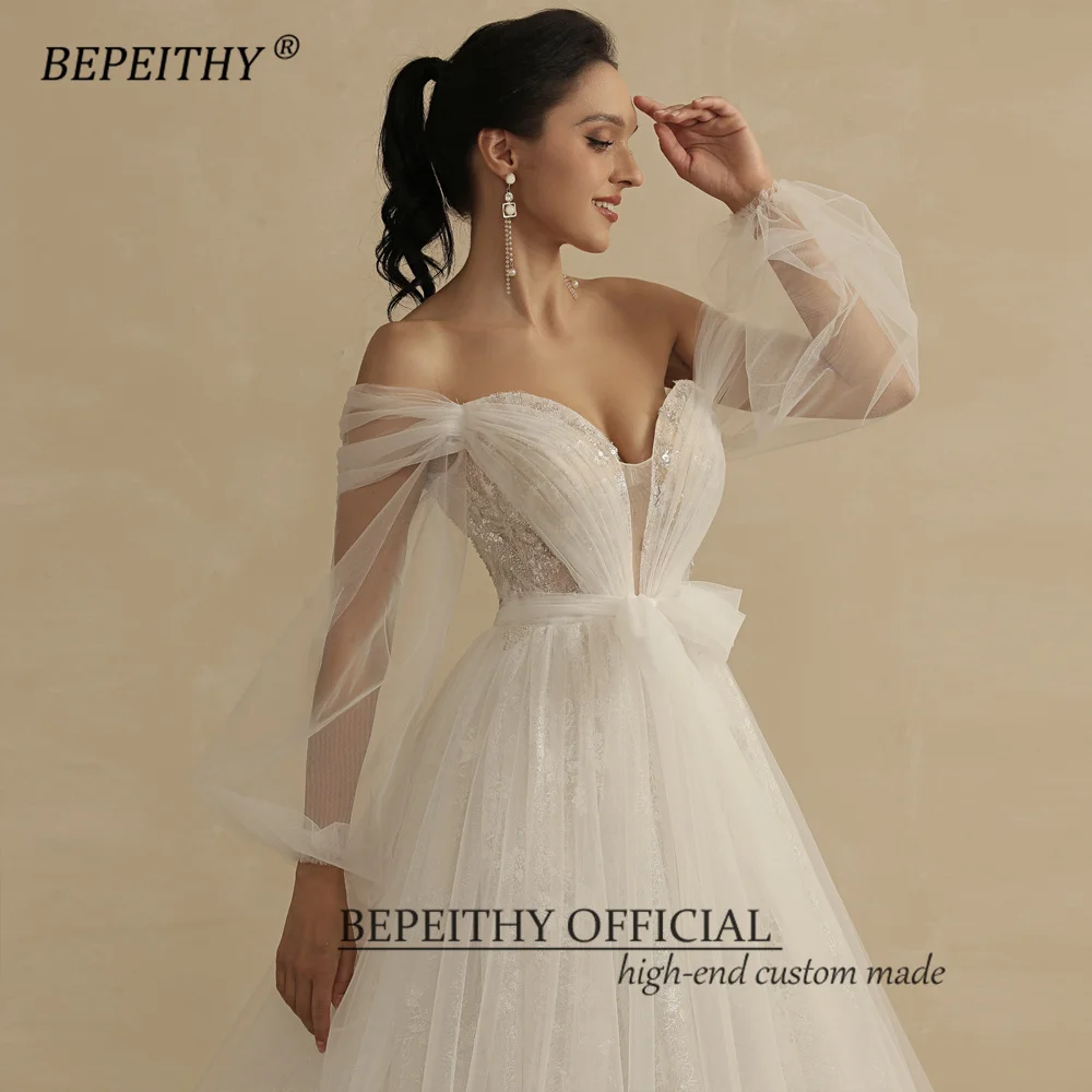 BEPEITHY Personalizzato Una Linea di Abito Da Sposa In Pizzo Per Le Donne 2023 Sposa Al Largo Della Spalla Con Scollo A V Maniche A Puffy Abiti Da Sposa Da Sposa