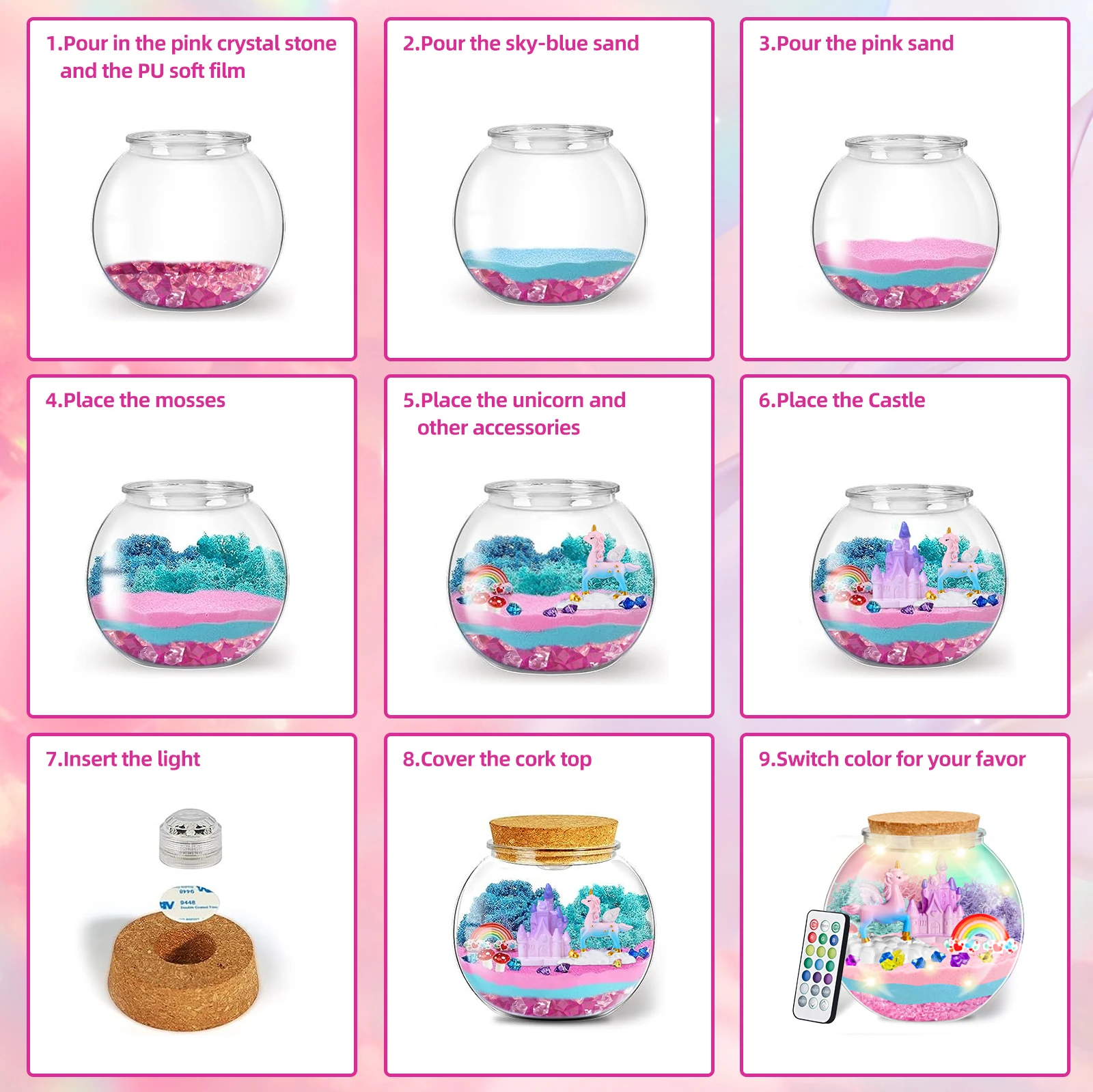 DIY Handmade Toys- Children\'s Radiant Unicorn Glass Container Set - DIY Unicorn Art and Crafts Toys - Birthday Gift for Girls