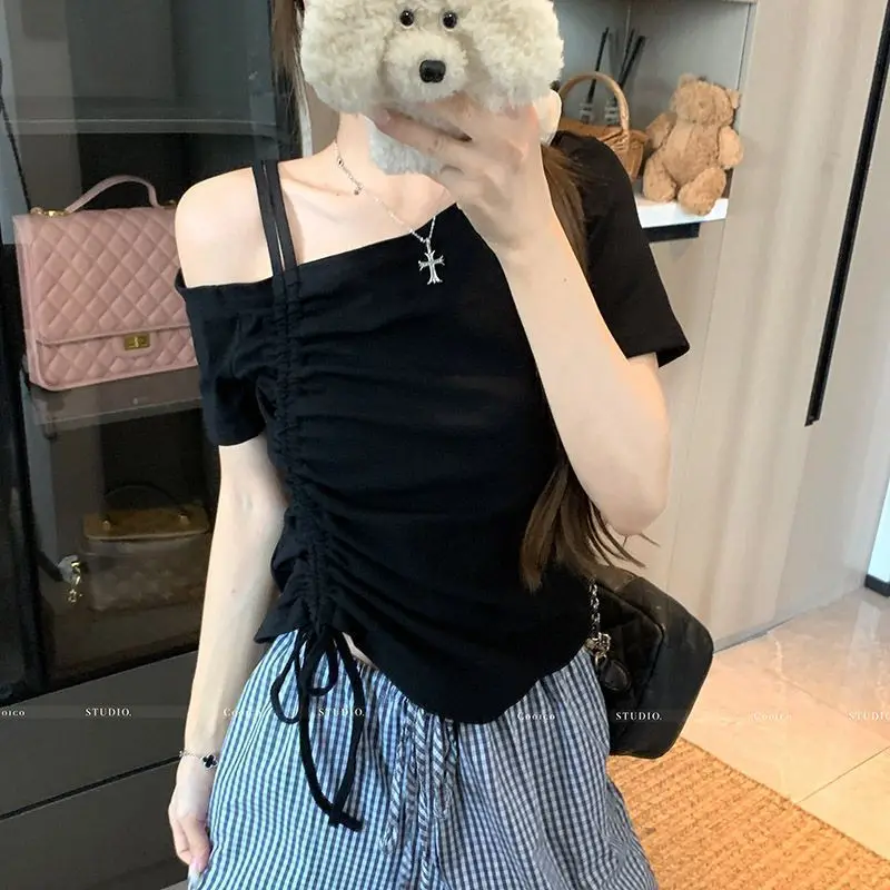 Sweet One Shoulder Drawstring Short Sleeve T Shirt Women Summer Off Shoulder Top Elegant Sexy Solid Color Cropped Basic Blouse