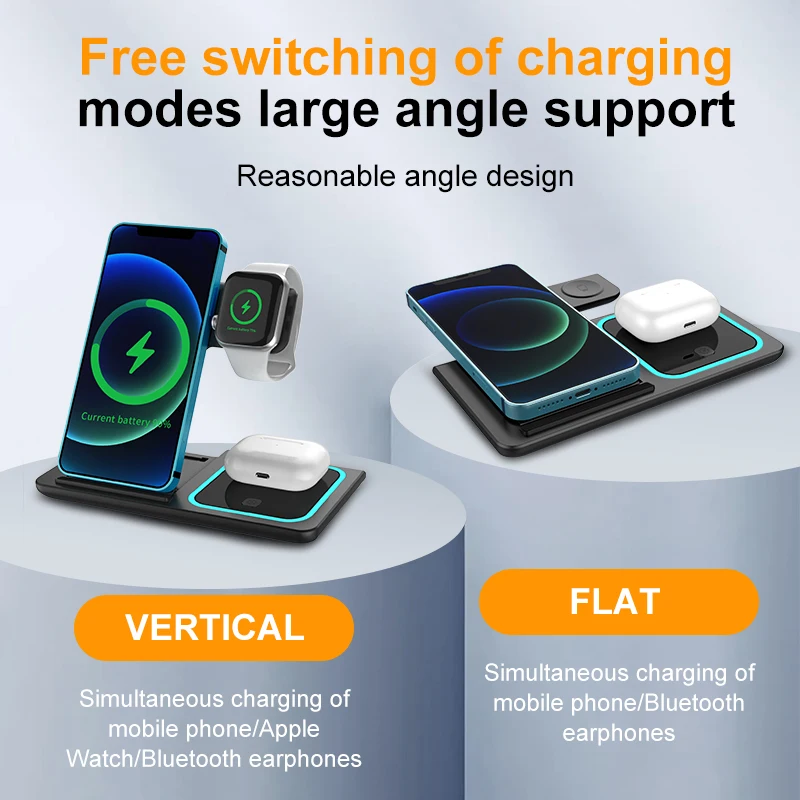 Magnetic suction three in one 15W fast charging mobile phone watch earphone wireless charging folding stand suitable for iphone