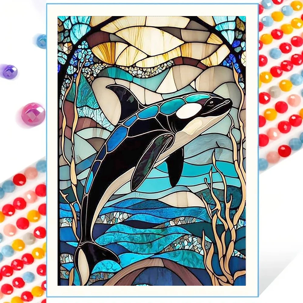 Mosaico con diseño de delfines pintado de diamantes, bordado de diamantes acrílicos redondos completos, decoración del hogar, regalo único