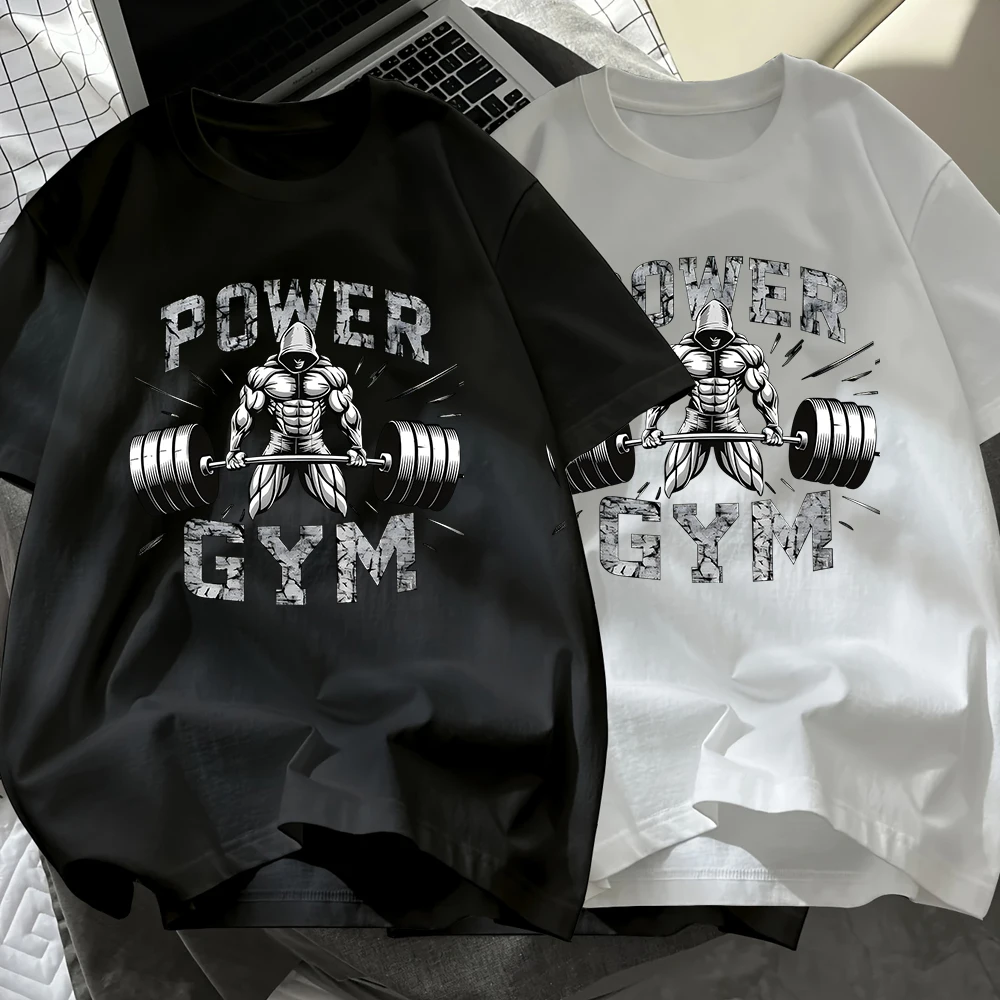 

Barbell Power Gym Mens T-Shirt Cotton Summer Short Sleeve Black White Set Tops Soft Oversized O-Neck T Shirt Casual Male Clothes