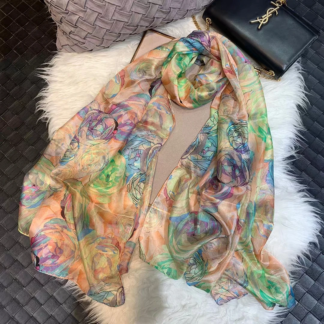 Ladies Green 100% Silk Scarf Shawl Winter Rose Design Women Pure Silk Scarves Wraps Fashion Beach Shawl Cover Ups Pink Scarf