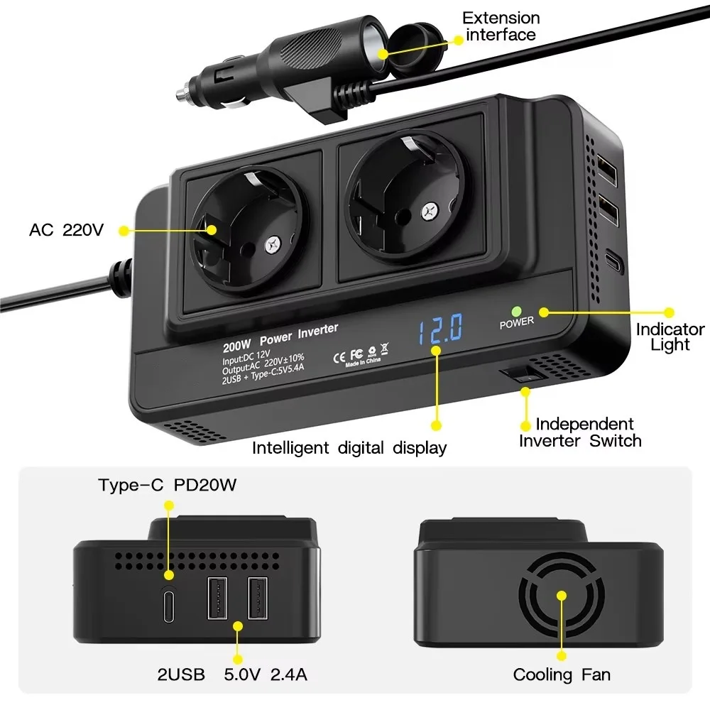 200W car inverter 12V to 110V 220V European, Australian, British, US, Brazilian socket inverter