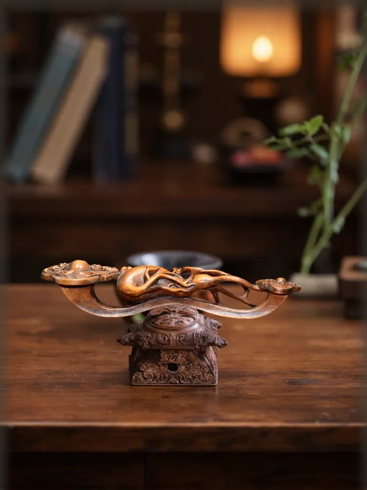 Old Boxwood Ginseng statue Bat pattern Ruyi Wenfang screen Office Ornaments Town House Exorcism