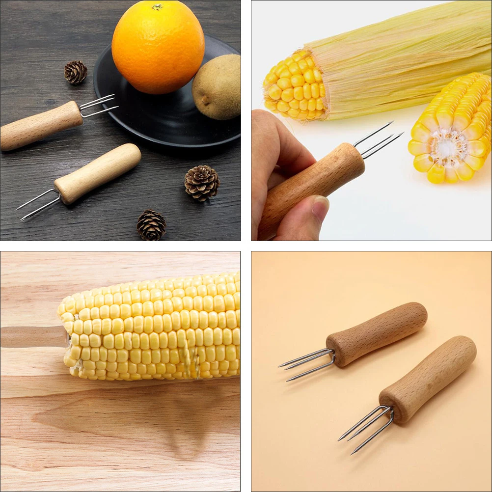 

10pcs Three-Toothed Wooden Handle Fork Stainless Steel Corn Holders Fruit Forks Bbq Cooking Tools Corn Grips Barbecue Forks