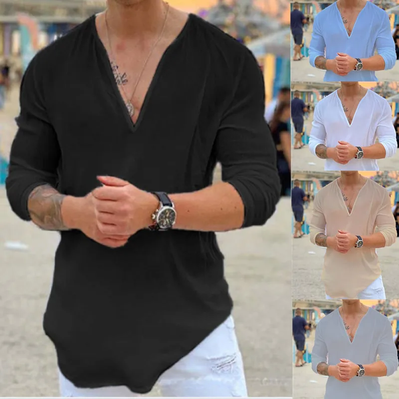 Mens Deep V Neck Raglan Sleeve Long Sleeve Top Solid Color Irregular Curved Hem Loose Casual Daily Holiday Basic Pullover T-shir