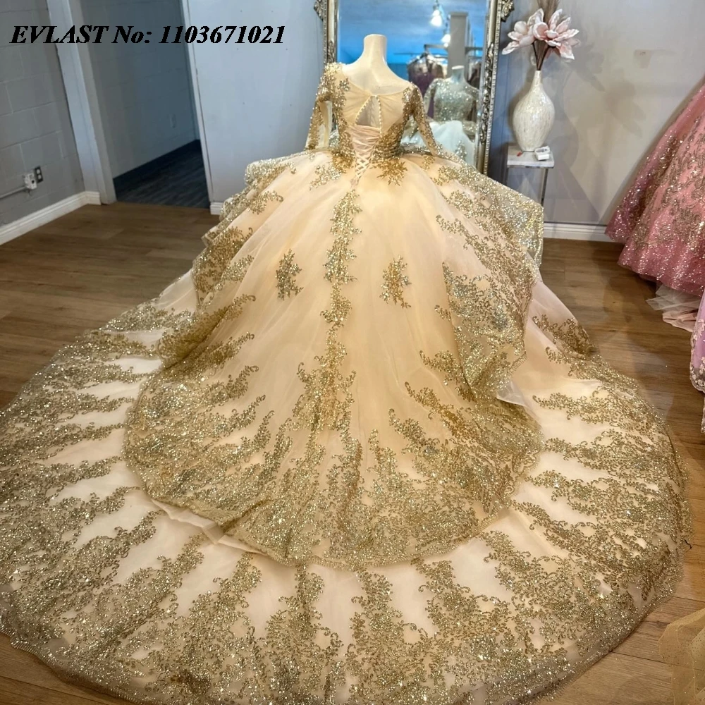 EVLAST Customized Champagne Quinnceanera Dress Ball Gown Gold Lace Applique Beaded Tiered Corset Sweet 16 Vestidos 15 Anos SQ671