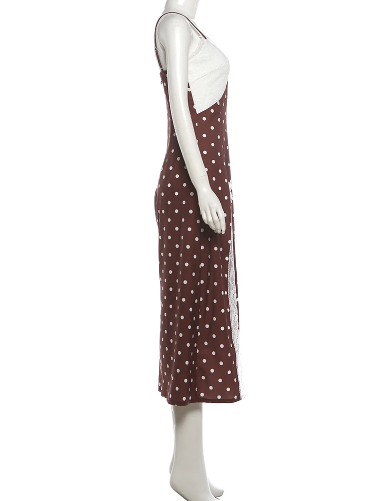Weird Puss Maxikleid mit Polka-Dot-Print für Damen, Patchwork-Spitze, hoher Schlitz, V-Ausschnitt, ärmellos, Street-Fashion, Party, klassisches Vestido – Detail 4