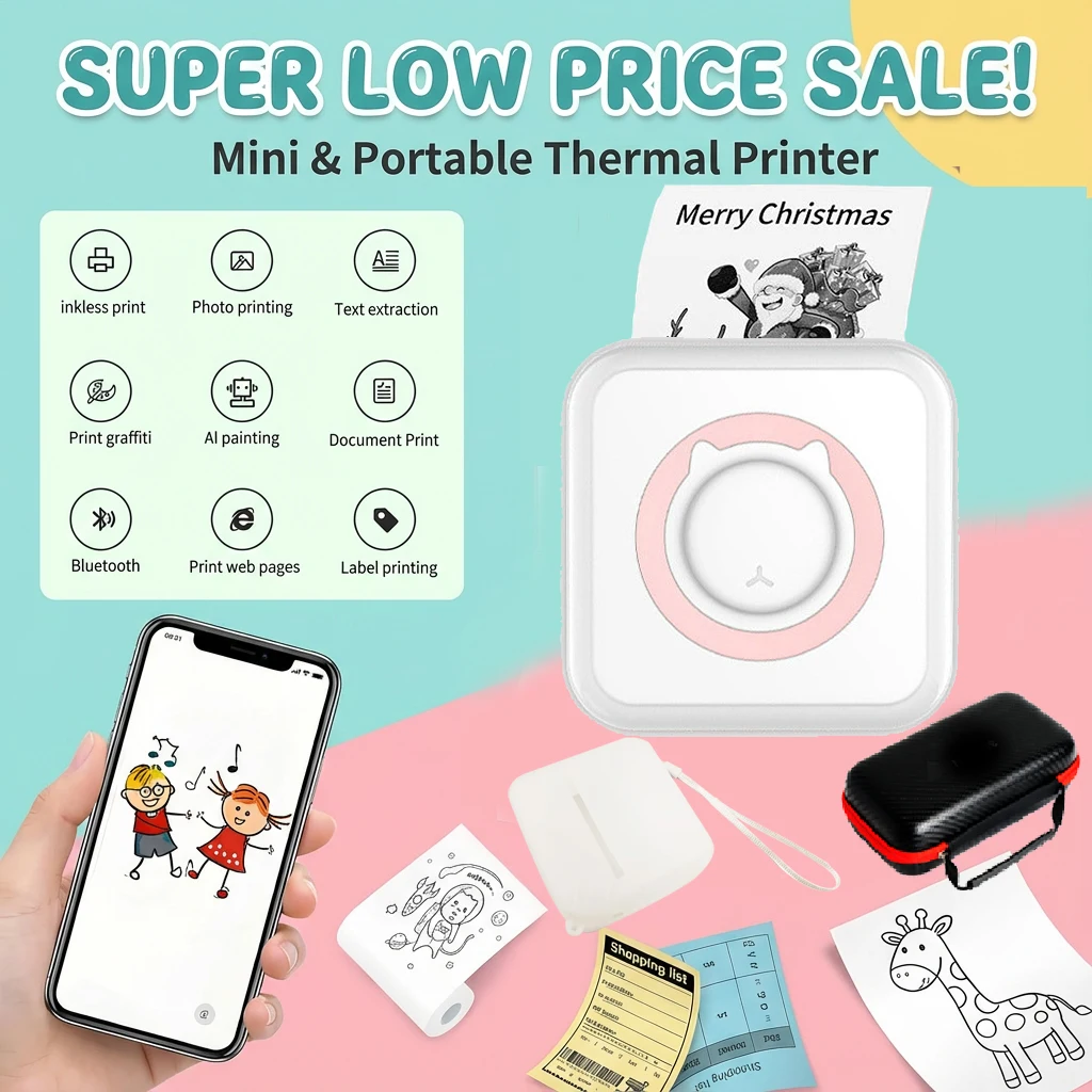 

Pocket Thermal Printer Bluetooth 200dpi Photo Label Memo List No Ink Printing Wireless Portable Mini Printer with PU Travel Case
