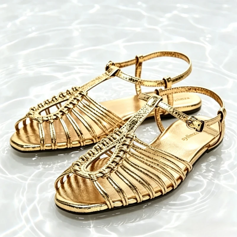 Gold Hollow Narrow Band Cage Flat Sandals Women Fashion Ankle Strap Buckle Gladiator Sandal Unique Metallic Finish Designer Shoe