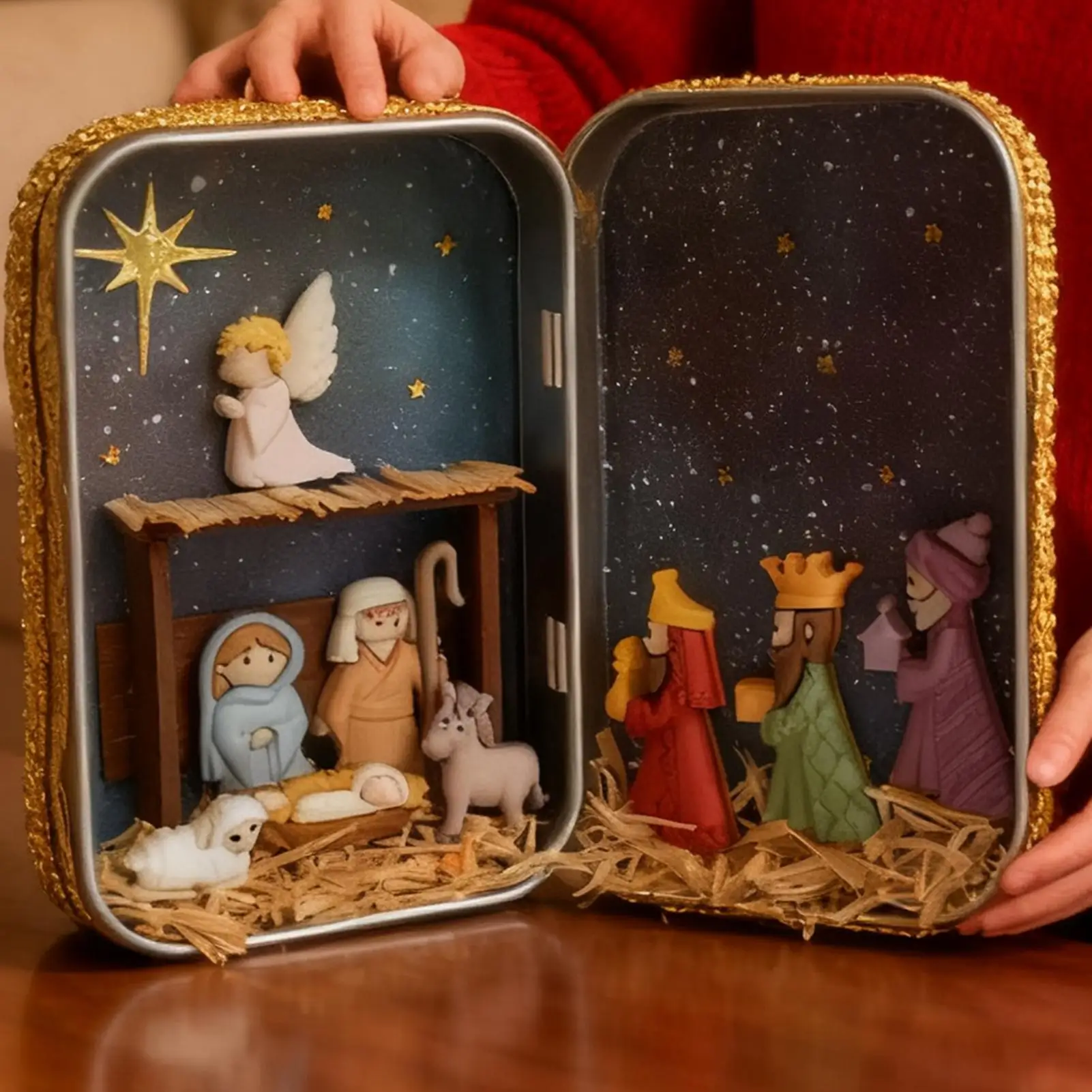Pocket Nativity Scene Mini 3D Wooden Figurines Set Christmas Story Display for Shelf Tabletop Desk Home Office Decor