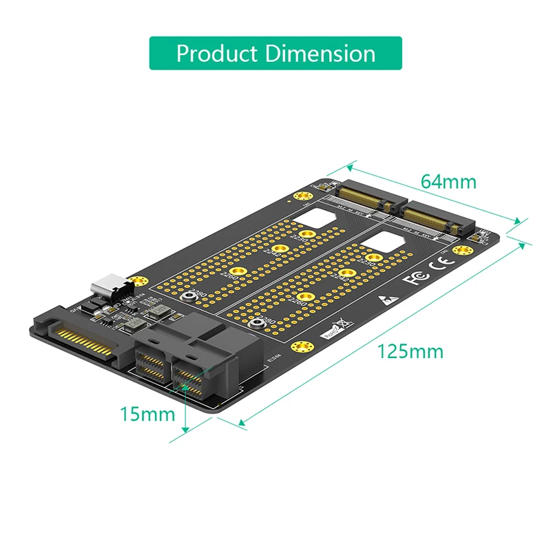 M2 SSD Adapter Dual M.2 NVME M Key to Dual SFF-8643 Riser Board with SATA Type C Power Supply Support 2230 2242 2260 2280 M2 SSD