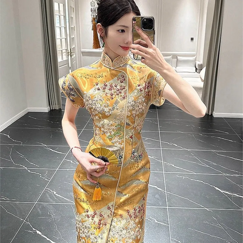 

Exquisite New Chinese Style Cheongsam Gold Bottoming Dress for Women