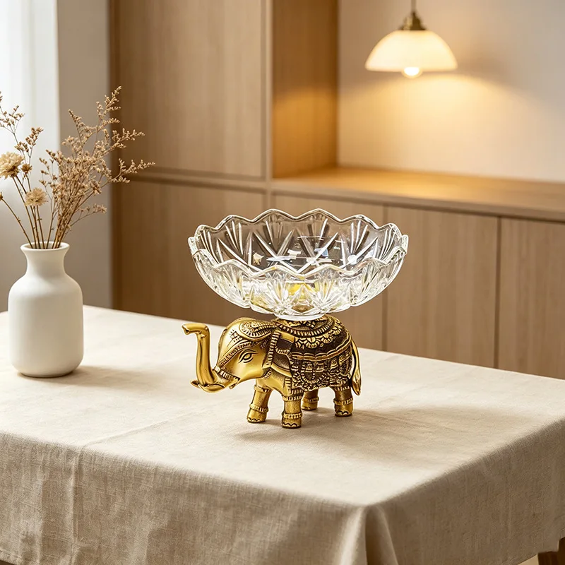 DSA home brass engraved decorative crystal glass fruit plate, home creative storage candy plate ornament
