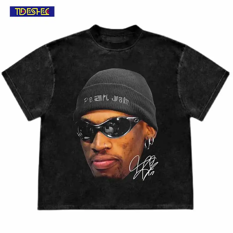 

Hip Hop Retro Portrait Graphic Print Washed T-Shirt Harajuku Punk Gothic Vintage Tshirt Streetwear Y2K Loose Summer Fashion Tops