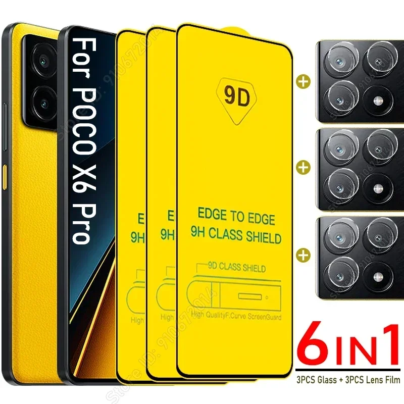 

6 в 1 для POCO X6 Pro 9D стекло для POCO F6 F5 X5 X4 X3 NFC M3 M4 M6 Pro пленка для объектива для POCO C65 M5S C40 F3 F4 GT Защитные пленки для экрана