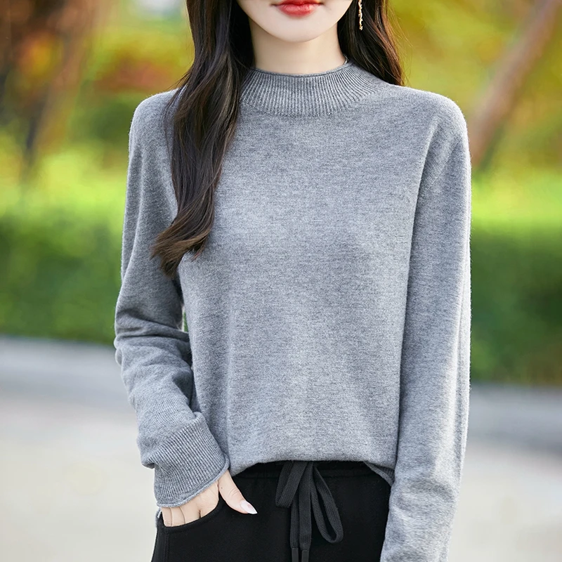 Autumn Winter Women Sweater Turtleneck Mock Neck Long Sleeve Solid Knitwear Pullover Half height collar Top Female clothing