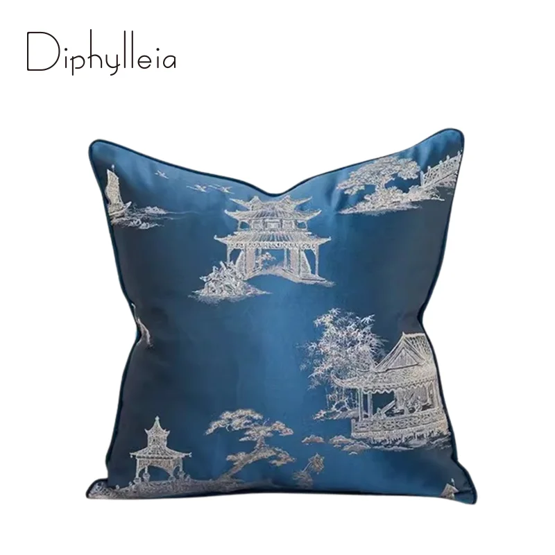 Diphylleia Chinese Landscape Pagoda Jacquard Pillow Cover High Density Silk Decorative Cushion Case Luxury Coussin 45x45cm Blue