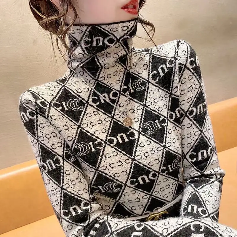 2023 Autumn and Winter Women's Pullover Piled Collar Patchwork Printing Slim Checkered Sweater Fashion Casual Long Sleeve Tops