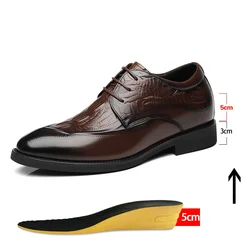 Genuine Leather Men's Dress Shoes Hidden Heels Elevator Shoes 8CM 6CM Height Increased Shoes For Men Fashion Brown For Wedding