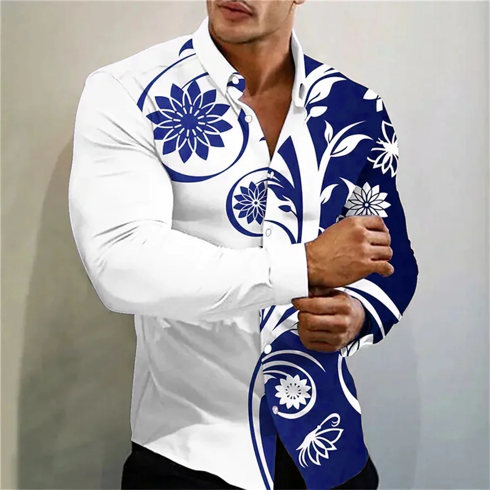 2024 new multi-color flower printed fashion shirt, for social gatherings, men\'s lapel long-sleeved shirts increase XS-6XL