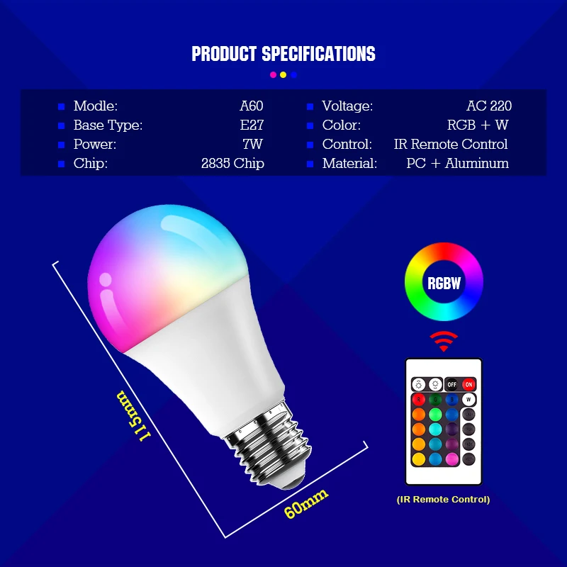 Żarówki LED AC 220V E27 RGB Bombillas Led Lamp IR Remote Control Changeable Colorful RGB White Ampoules Spotlight Led Bulb