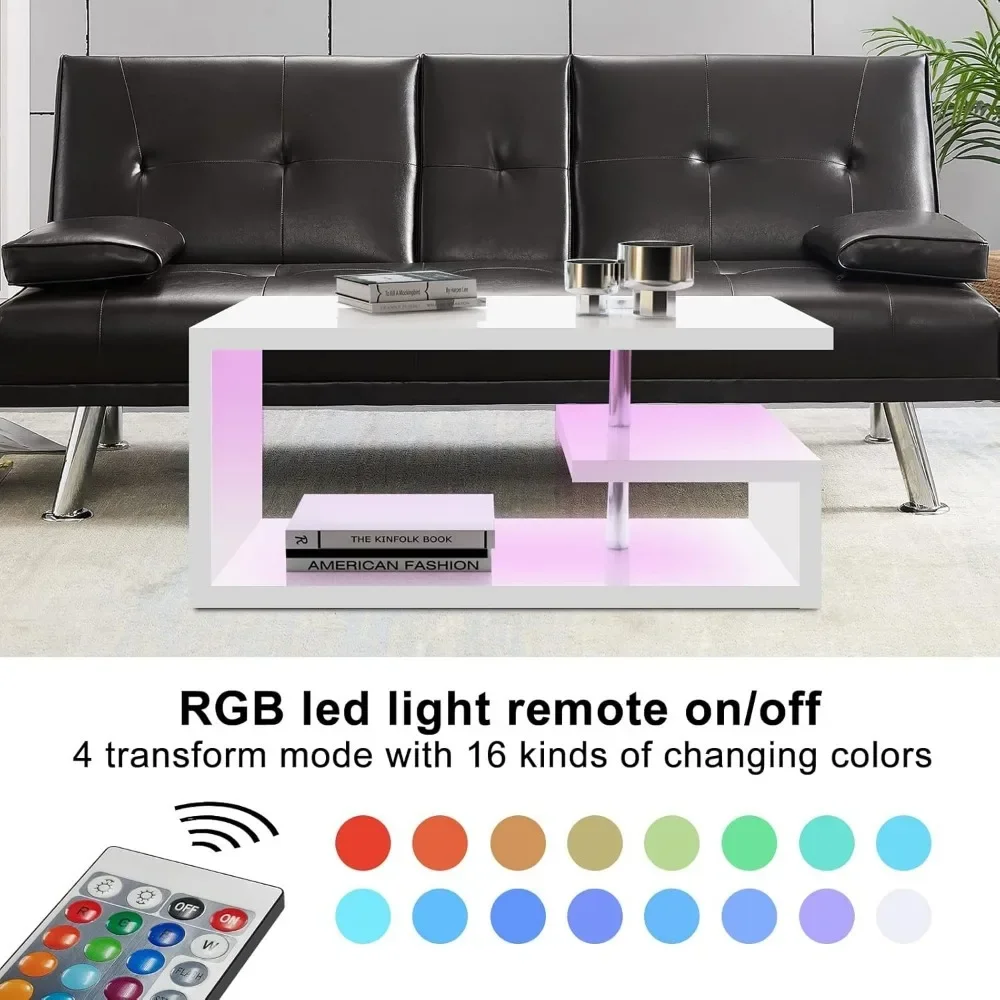 Coffee table with high gloss 16 color LED lights, storage space, central table for living room and bedroom, modern coffee table