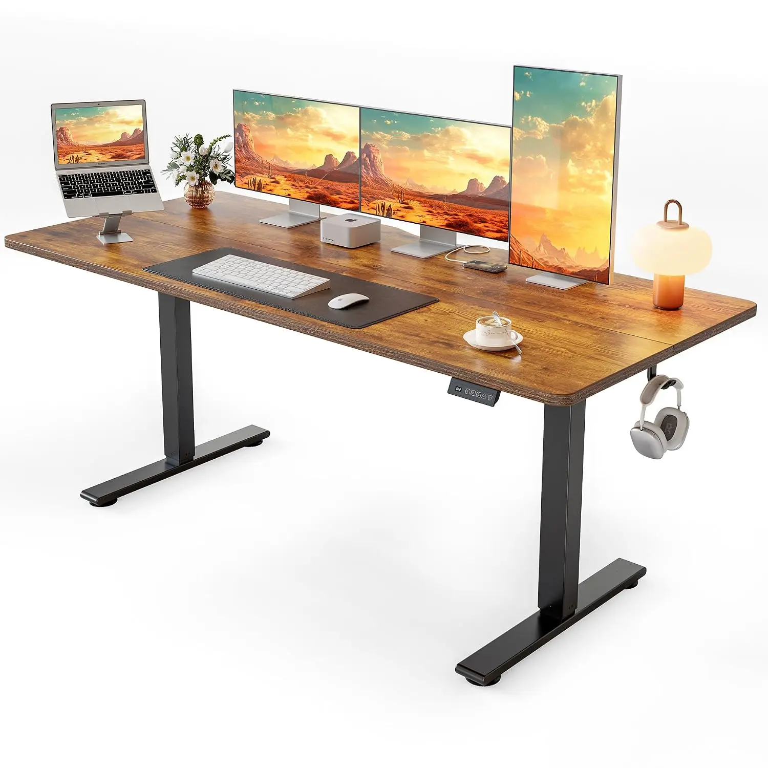 Electric Standing Desk 63x28 Inch Adjustable Height Home Office Desk with Splice Board Black Frame Rustic Brown Top, Customized
