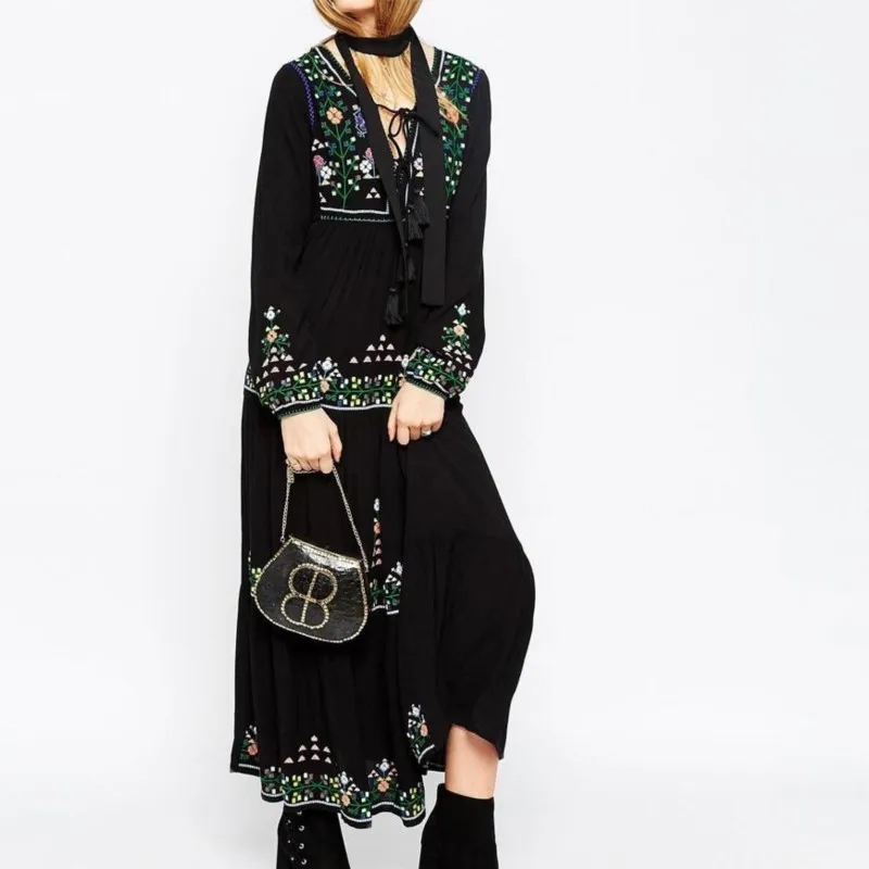 2025 Holiday Black Embroidery Women Dress Long Sleeve Loose Boho Dress Style Maxi Dresses Vestidos V-Neck Sexy Women Clothing