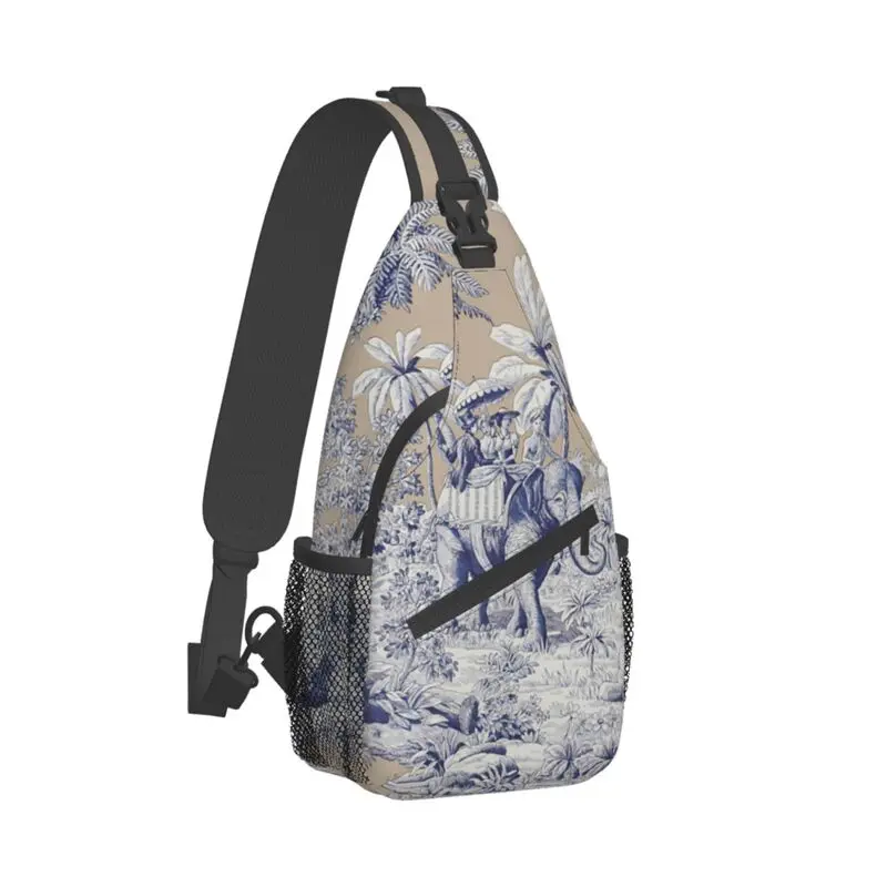 

Fashion Navy Blue Toile De Jouy Elephant Motif Sling Bags for Traveling Men French Art Chest Crossbody Backpack Shoulder Daypack