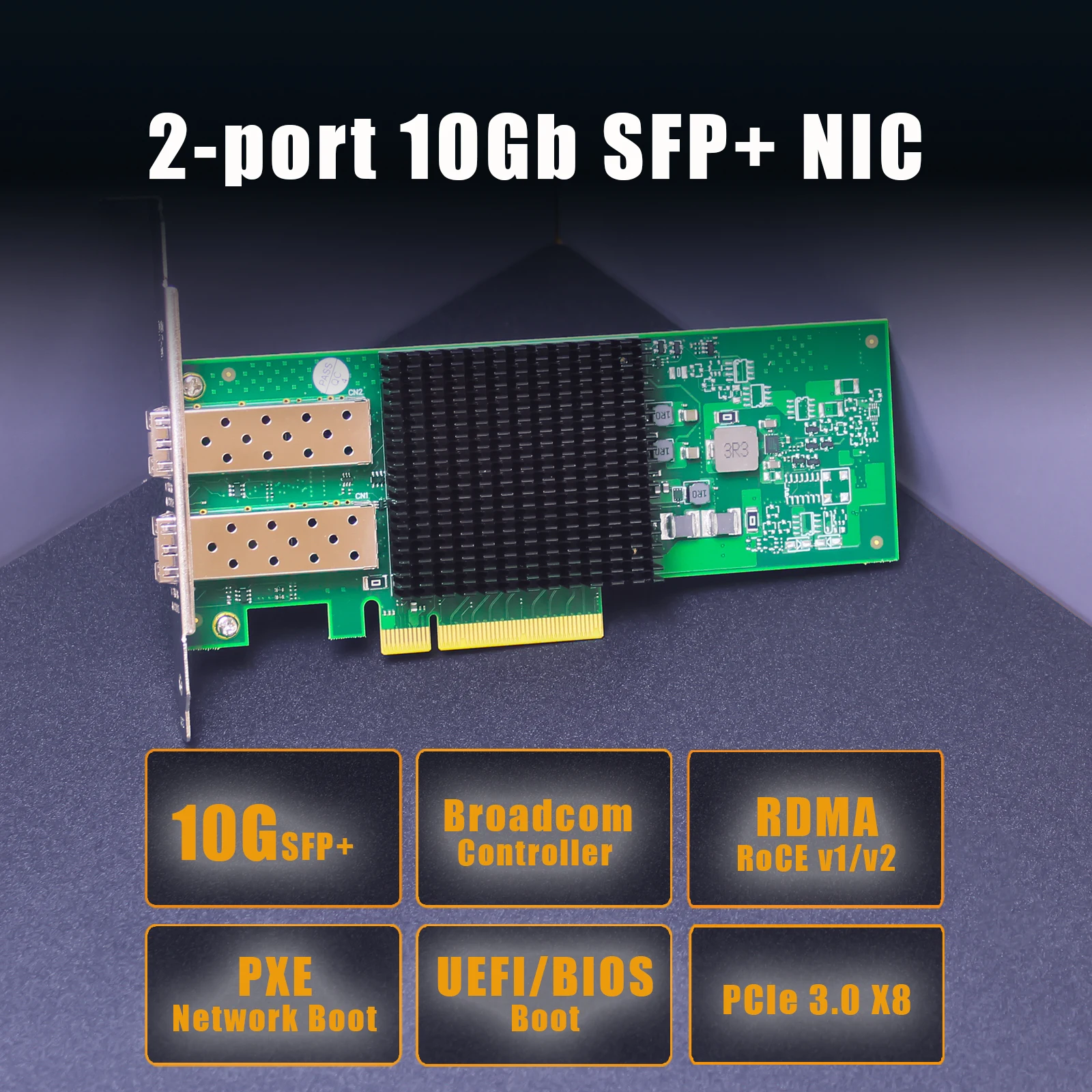 2-Port 10Gb SFP+ Network Card (Ethernet PCIE NIC) with Broadcom BCM57412 Controller, PCIe 3.0 X8 Interface, Support RDMA (RoCE v