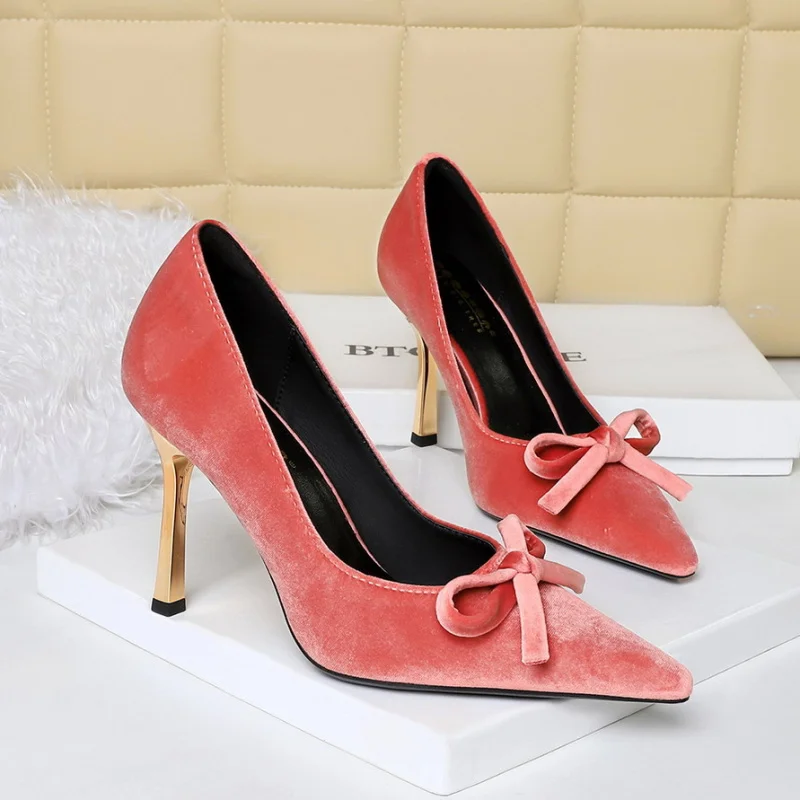 BIGTREE Sweet Bowknot High Heels Velvet Gold-Plated Thin Heels Lady Women's Pumps 10cm Evening Dress High Heeled Shoes Burgundy