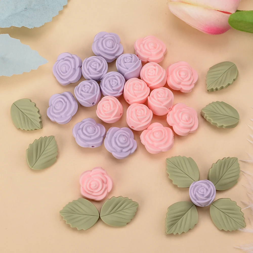 LOFCA 30 Uds. Cuentas de silicona rosas, cuentas focales de flores sin BPA, cuentas de dentición para bebé, accesorios DIY para cadena de chupete,