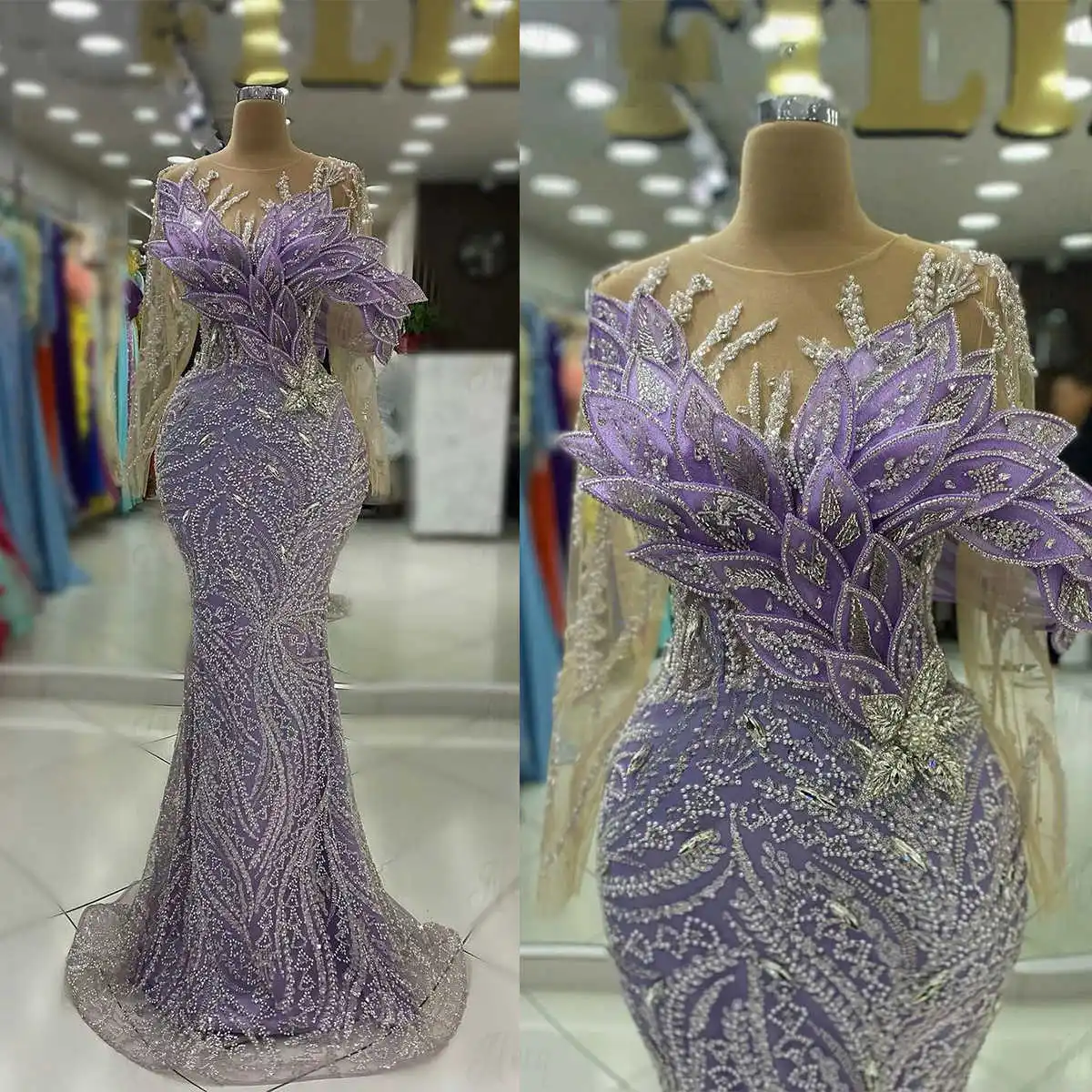 Formal Occasion Mermaid Evening Dresses Unique Design Long Sleeve Beading Crystal Prom Dress Custom Made Party Gowns