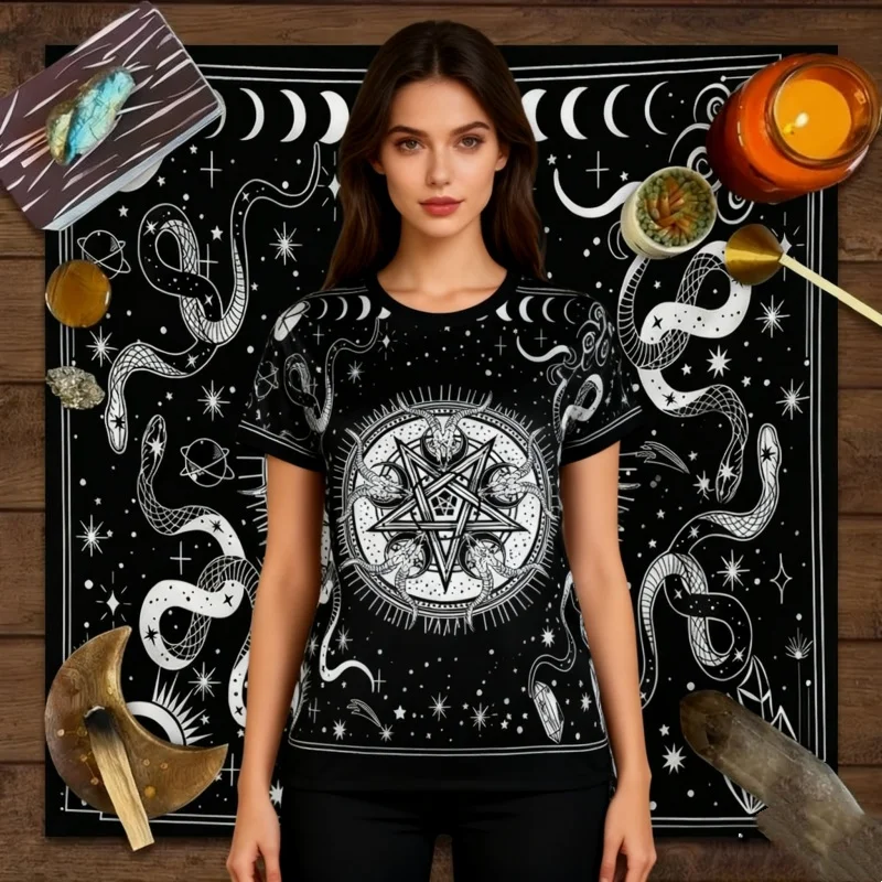 تي شيرت Arcane Witchcraft ثلاثي الأبعاد مطبوع بالكامل - رموز التارو الباطنية والغموسي القوطي، أزياء المهرجان البوهيمي والهدية المسحورة #3