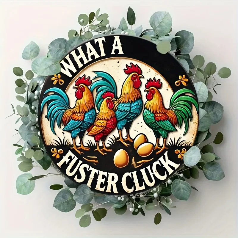 1 قطعة 8x8 بوصة "What A Fuster Cluck" علامة قصدير معدنية ملونة على شكل الديك - فن جداري دائري متين ومقاوم للرياح ومقاوم للماء من الألومنيوم