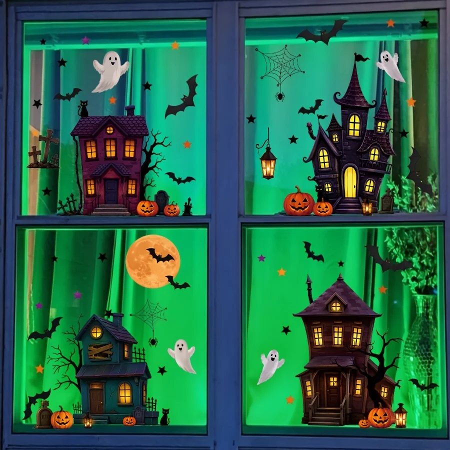 Gruselige statisch haftende Fensteraufkleber für Spukhäuser mit Geist, Fledermaus, Kürbis und Spinnennetz, ohne Klebstoff, ohne Rückstände, Halloween-Glasdekorationen