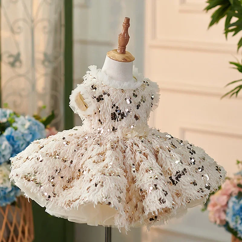Girl Sequined Tassel Ruffle Design Sleeveless Baby Girls Birthday Party Princess Dresses Luxury High End Children Kids Dress