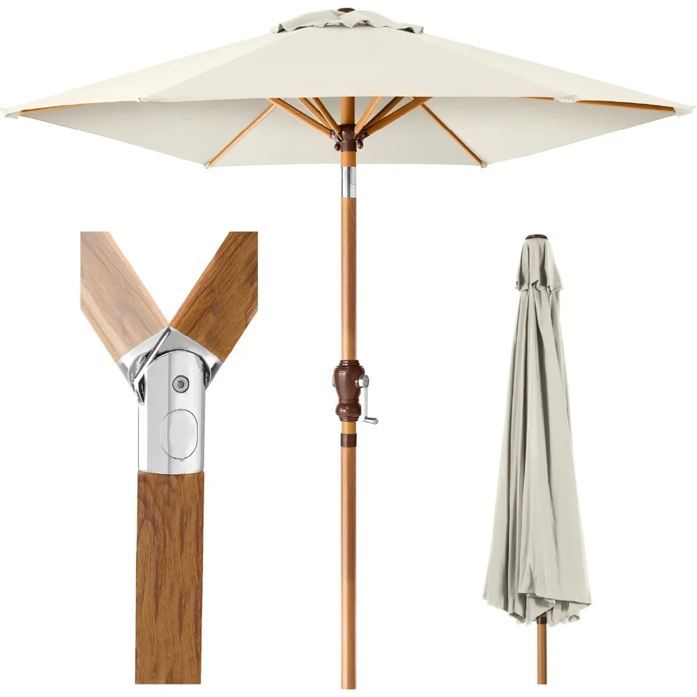 

10ft Market Umbrella, Outdoor Sun Shade for Backyard, Deck, Poolside, Table w/Woodgrain Pattern, Easy Tilt & Crank - Ivory