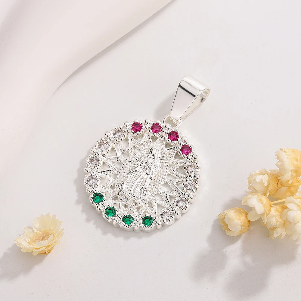 

Luck Fashion Hot Selling 14K Gold Plated Round Colored Zircon Pendant Necklace Virgin Mary Religious Women's Jewelry Gift