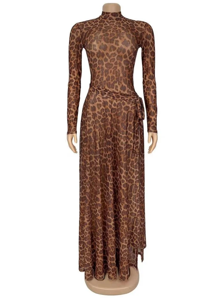 Vestido Wmstar, venta al por mayor, ropa de moda, Sexy, estampado de leopardo, manga larga, transparente, vestidos con abertura alta y dobladillo ancho 2025