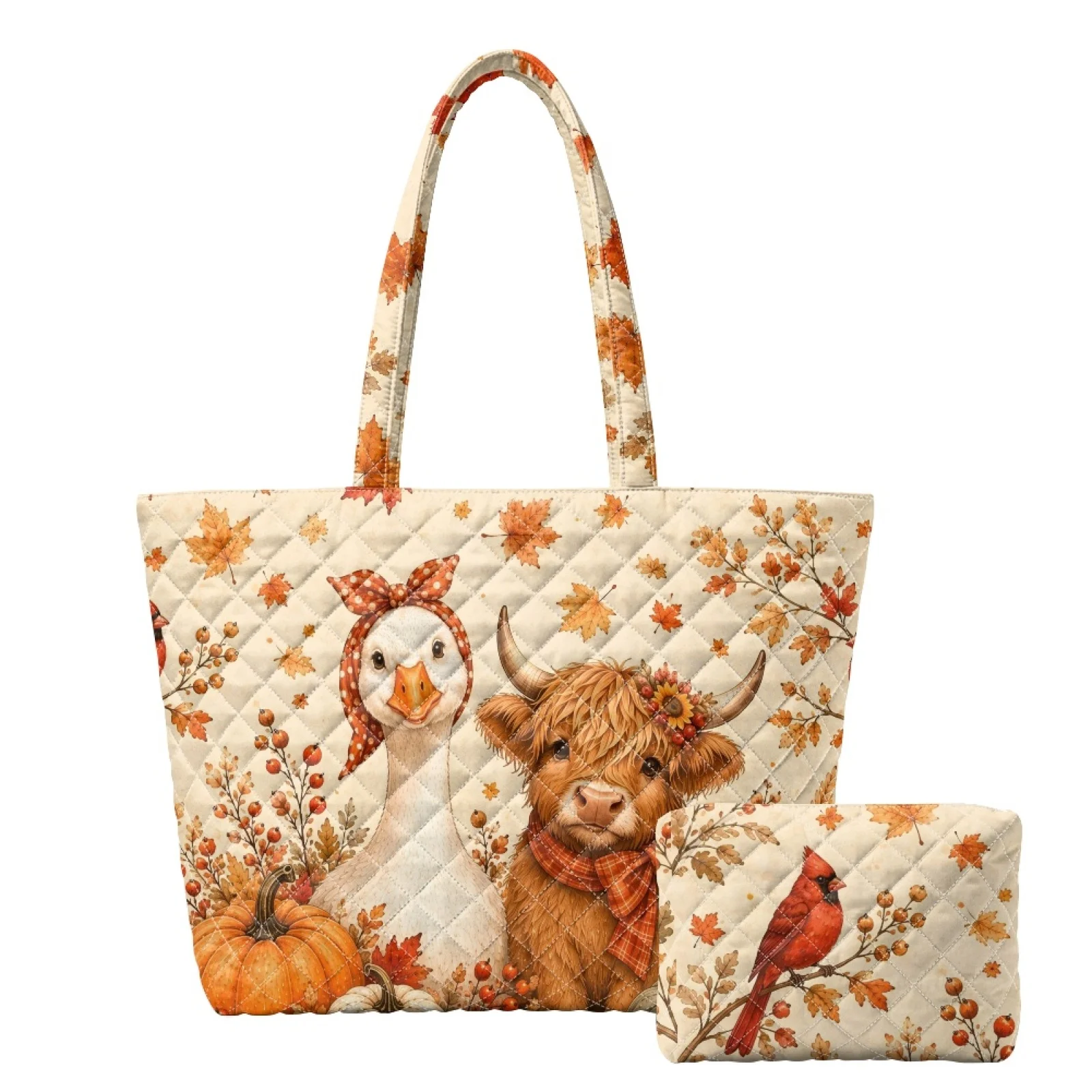 Coloranimal Autumn Set 2 Piece Quilted Shoulder Bags, Portable Tote Handbag with Cosmetic Pouch for Vacation and Daily Outings