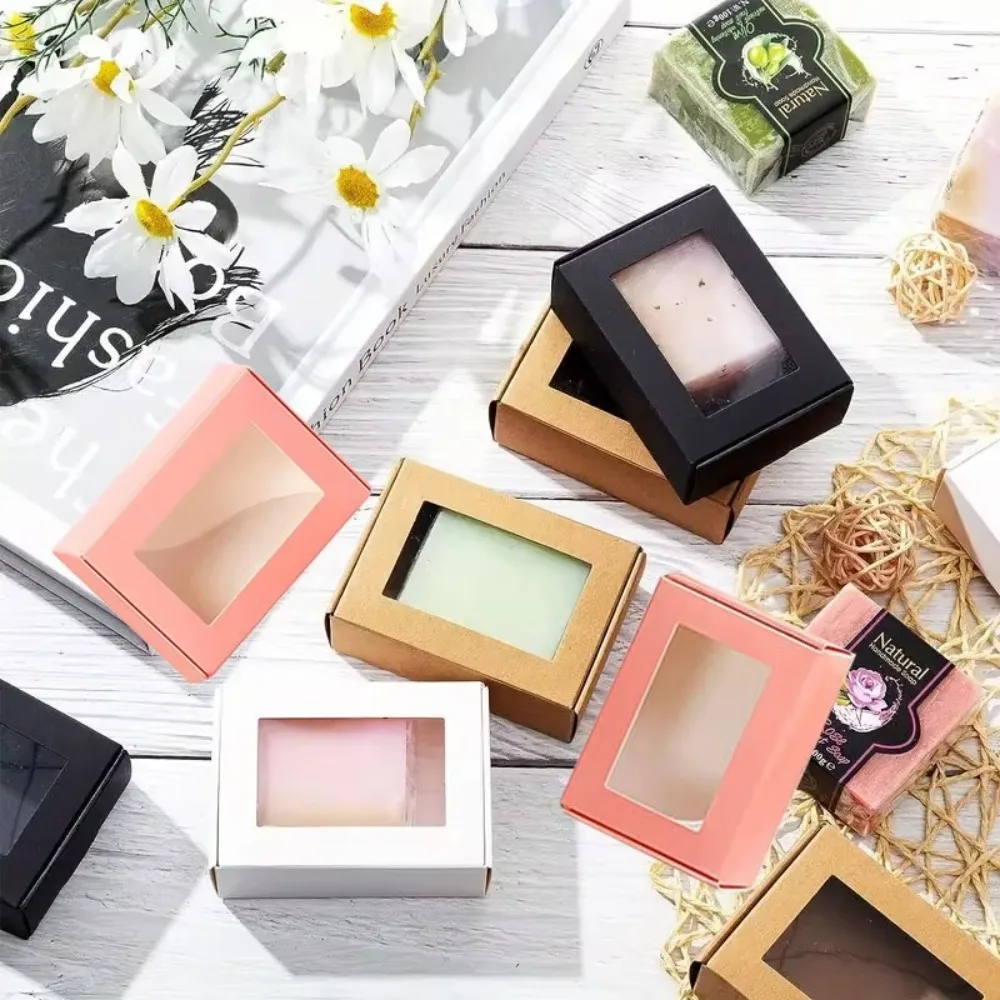

10/20Pcs Kraft Paper Candy Cake Boxes Square Clear PVC Window Gift Packaging Boxes Solid Color Handmade Soap Case