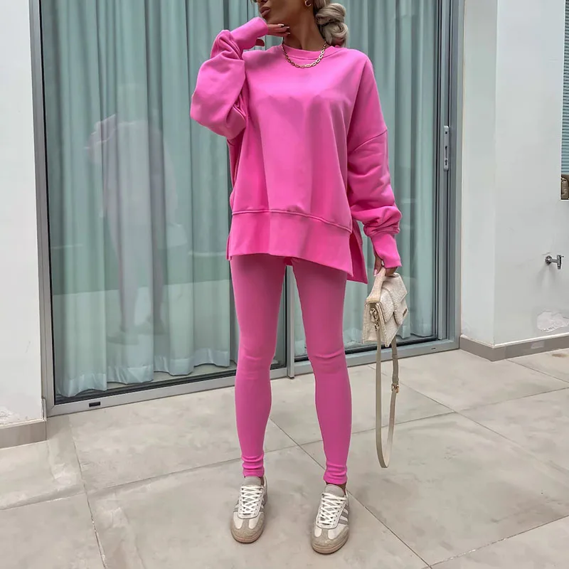 

Fashion O-neck Pullover and Long Pant Set Women Casual Long Sleeve Loose 2Pc Outfits 2024 Elegant Sweatshirt Solid Sports Suits