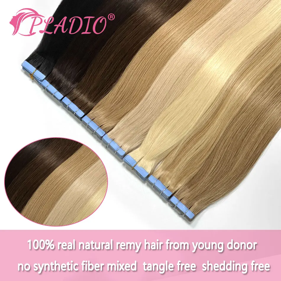 PLADIO Tape In Hair Extensions 100% Human Hair Natural Hair Brazilian Straight Blonde Skin Weft Adhesives Remy Hair Extension