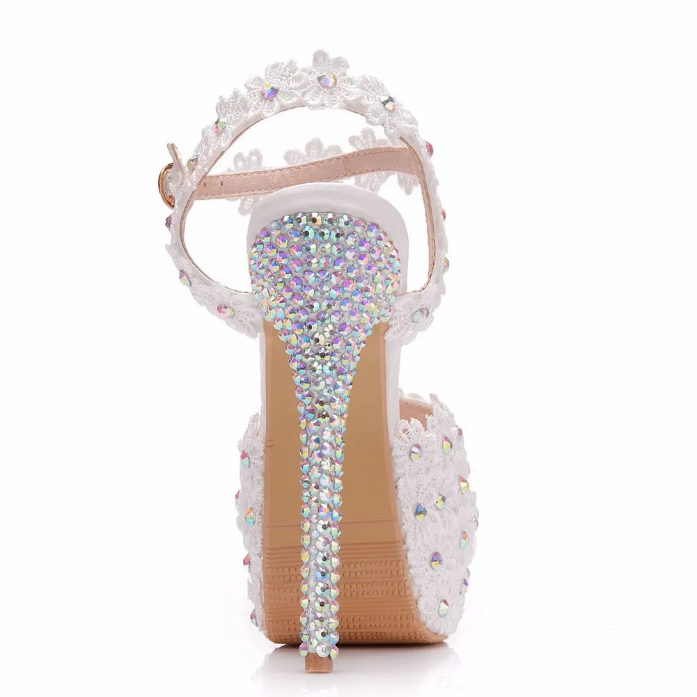 Summer fish mouth color rhinestone lace flower waterproof table wedding shoes banquet large size thin high-heeled women's sandal