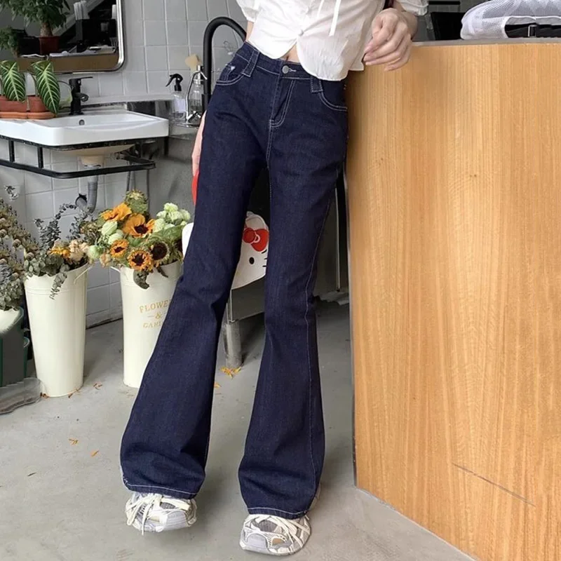 2025 Spring Female Korean Wash Dark-Blue Flare Jeans Lady Chic Designer Bell Bottom Pants Girls Vintage Slim Fit Denim Trousers