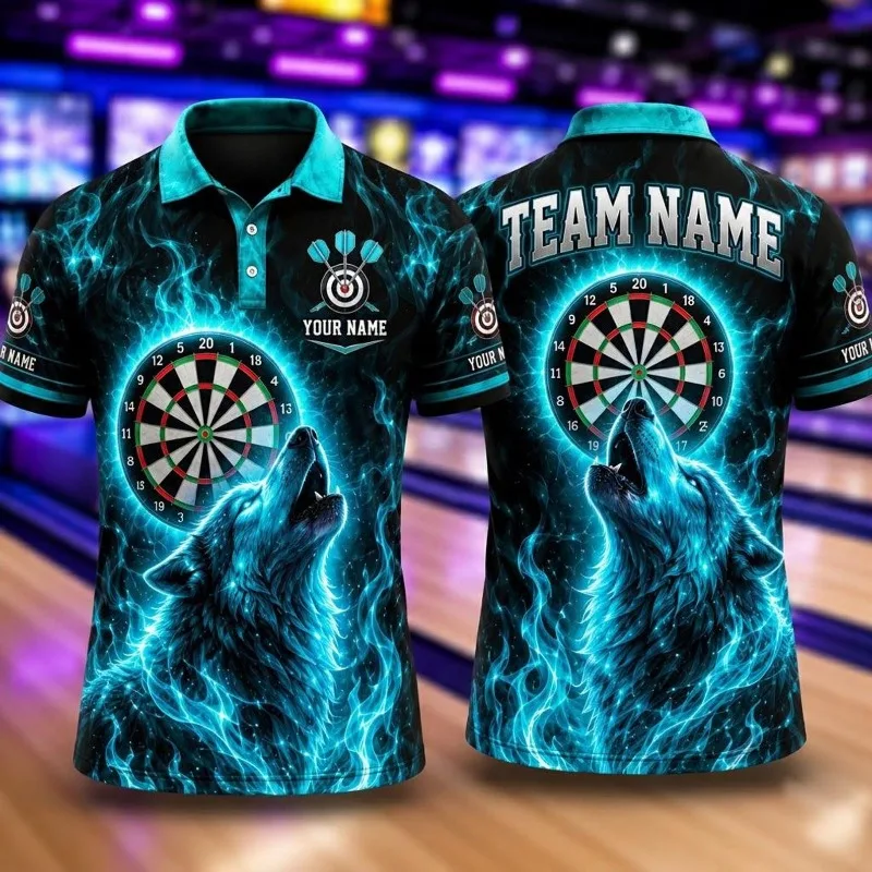 Men's Custom Darts Polo Shirt Howling Wolf Dartboard Print Short Sleeve Personalized Name Team Uniform